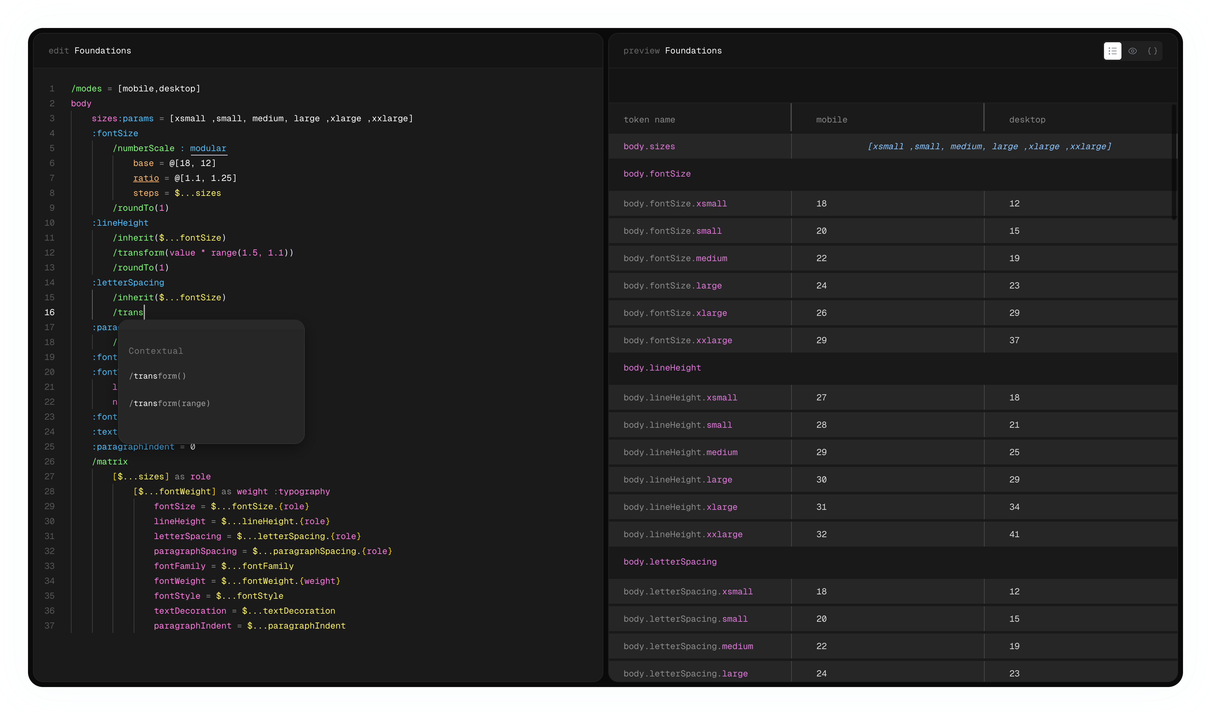 TokenScript editor showing design token directives in a table view
