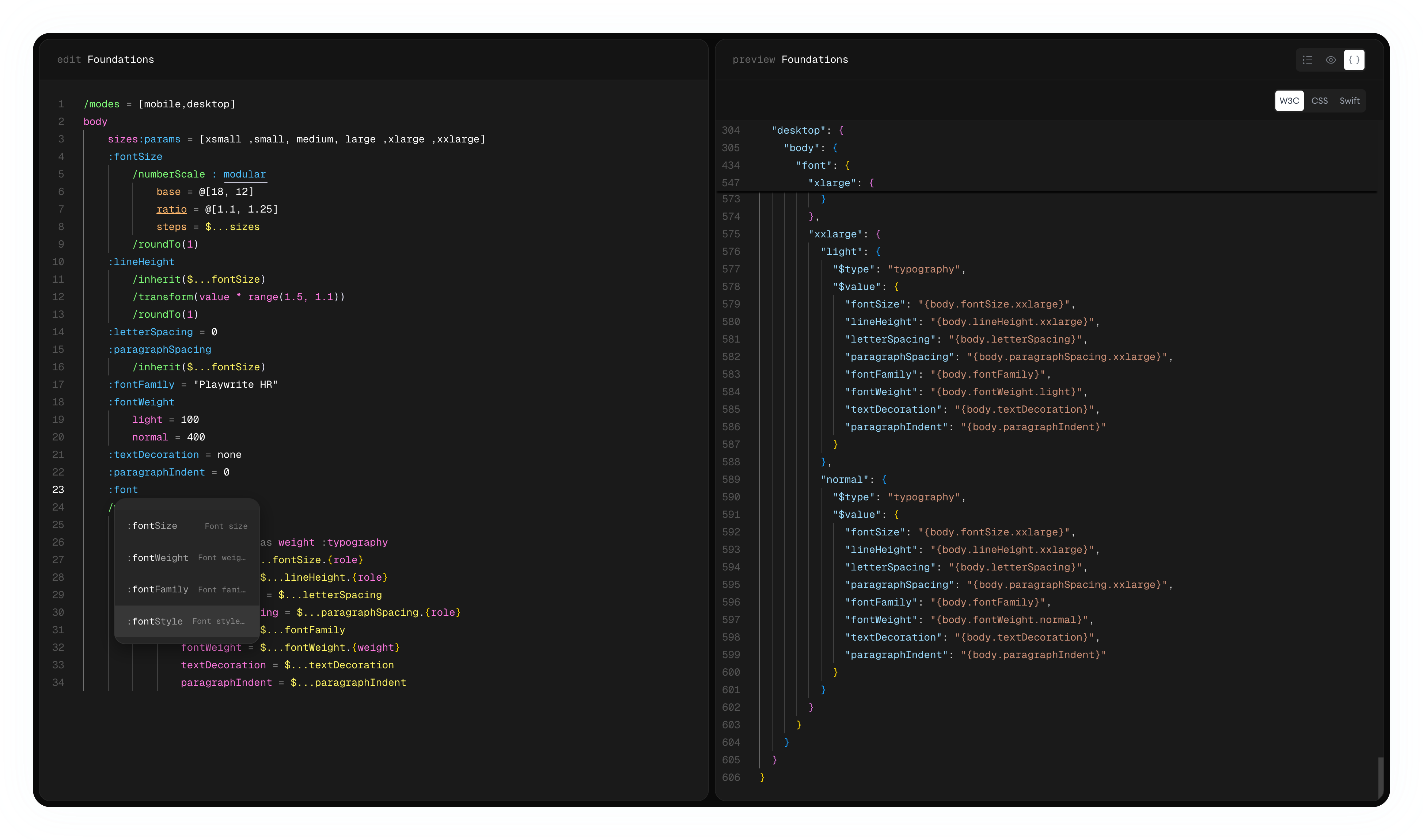 W3C design tokens JSON export from TokenScript with scope mapping